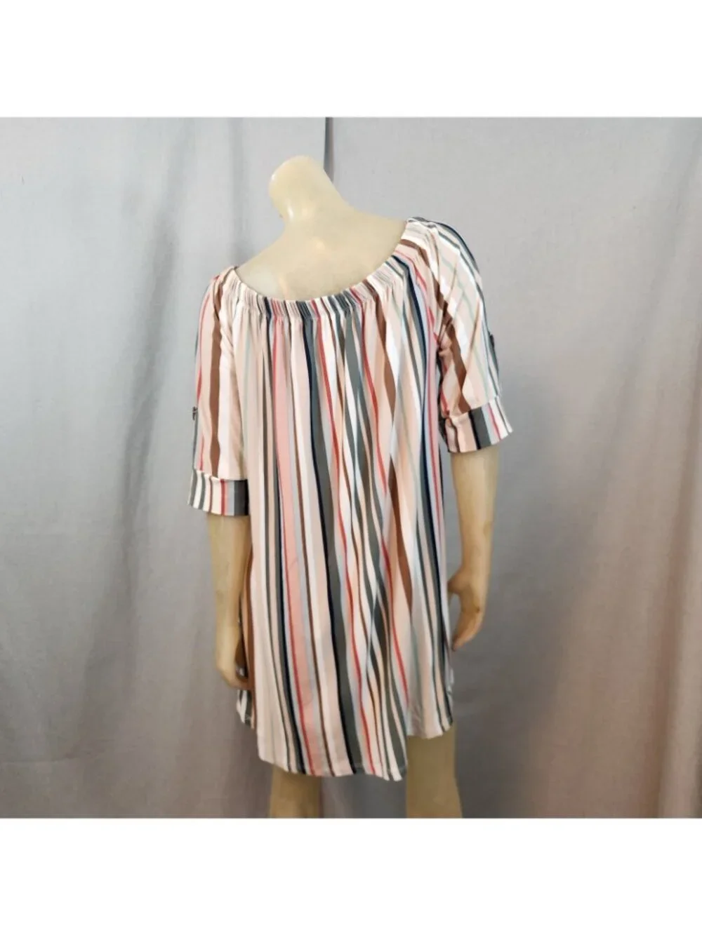J for Justify Beige Brown Green Striped Scoop Neck Half Sleeve Shift Dress LARGE - Picture 4 of 7